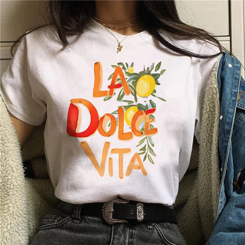 La Dolce Vita T-Shirt mit Zitronen-Print, Kurzarm, Damenmode, Harajuku Grafik-T-Shirt, Damenoberteil mit Persönlichkeit
