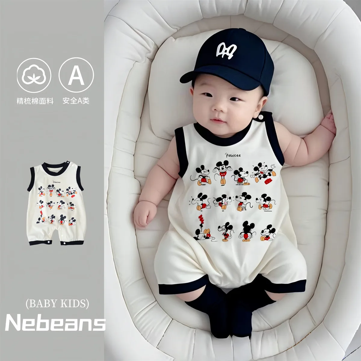 

Летний комбинезон без рукавов для новорожденных мальчиков и девочек Disney, жилет с принтом Микки Мауса, комбинезон, хлопковое боди для младенцев, От 0 до 2 лет