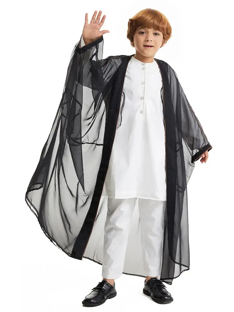 Abaya Ramadan untuk anak laki-laki pakaian doa Kebaya terbuka Muslim Kimono Abaya Turki Islam Arab dwilluotomatis jubah Muslim pria Hombre