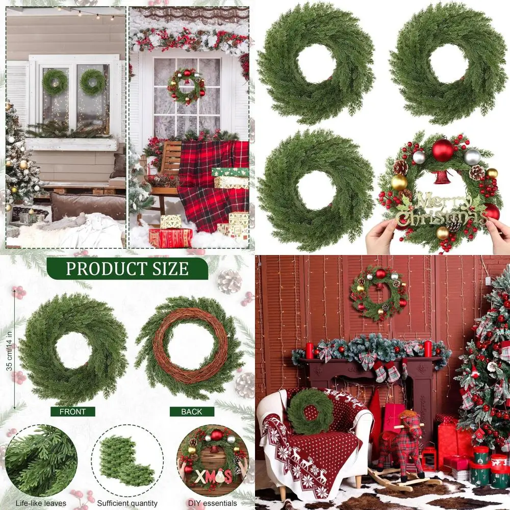 

Artificial Cypress Style Green Wreaths, 14 Inch, 4 Pack, for Farmhouse Xmas Party Indoor Outdoor Decor