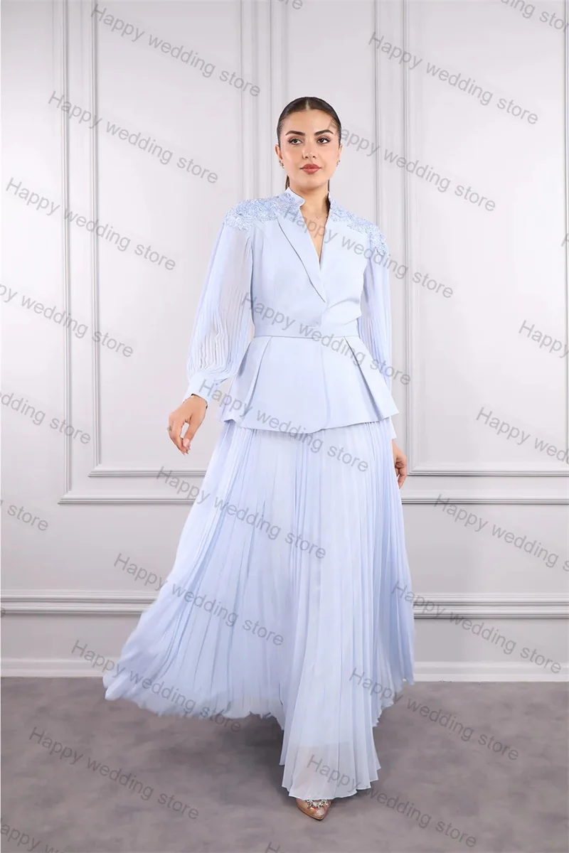 Light Blue Formal Women Suit Skirt Set 2 Piece Blazer+Midi Prom Dress Lace Tuxedo Office Lady Coat Jacket With Belt Tailor Size