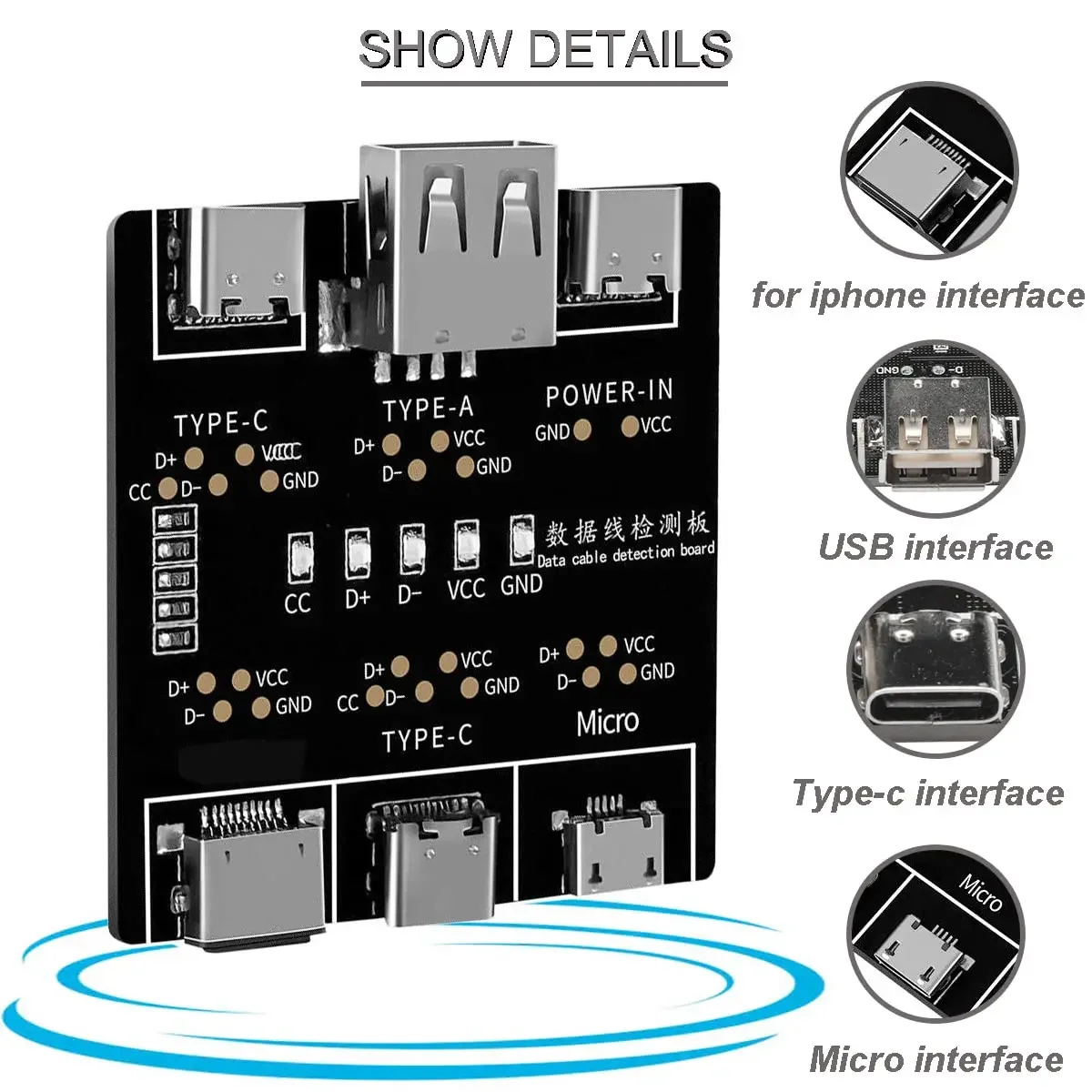 

DT3 Data Cable Detection Board Type-C Micro USB C Cable Tester Short Circuit On Off Switching Diagnose Tool for iOS Android