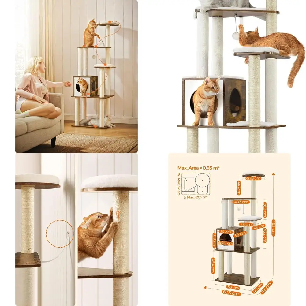 

65 Modern Indoor Cat Tower with 5 Scratch Posts, Perches, Removable Cushions, Rustic Brown