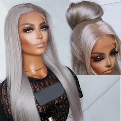 Perruques Lace Front Wig synthétiques lisses et longues grises, perruque Lace transparente 99J à reflets blonds résistants à la chaleur pour femmes