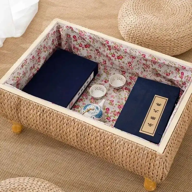 

Rattan Straw Bay Window Table Small Coffee Table Simple Japanese Tatami Storage Solid Wood Kang Handmade Low Tea Table