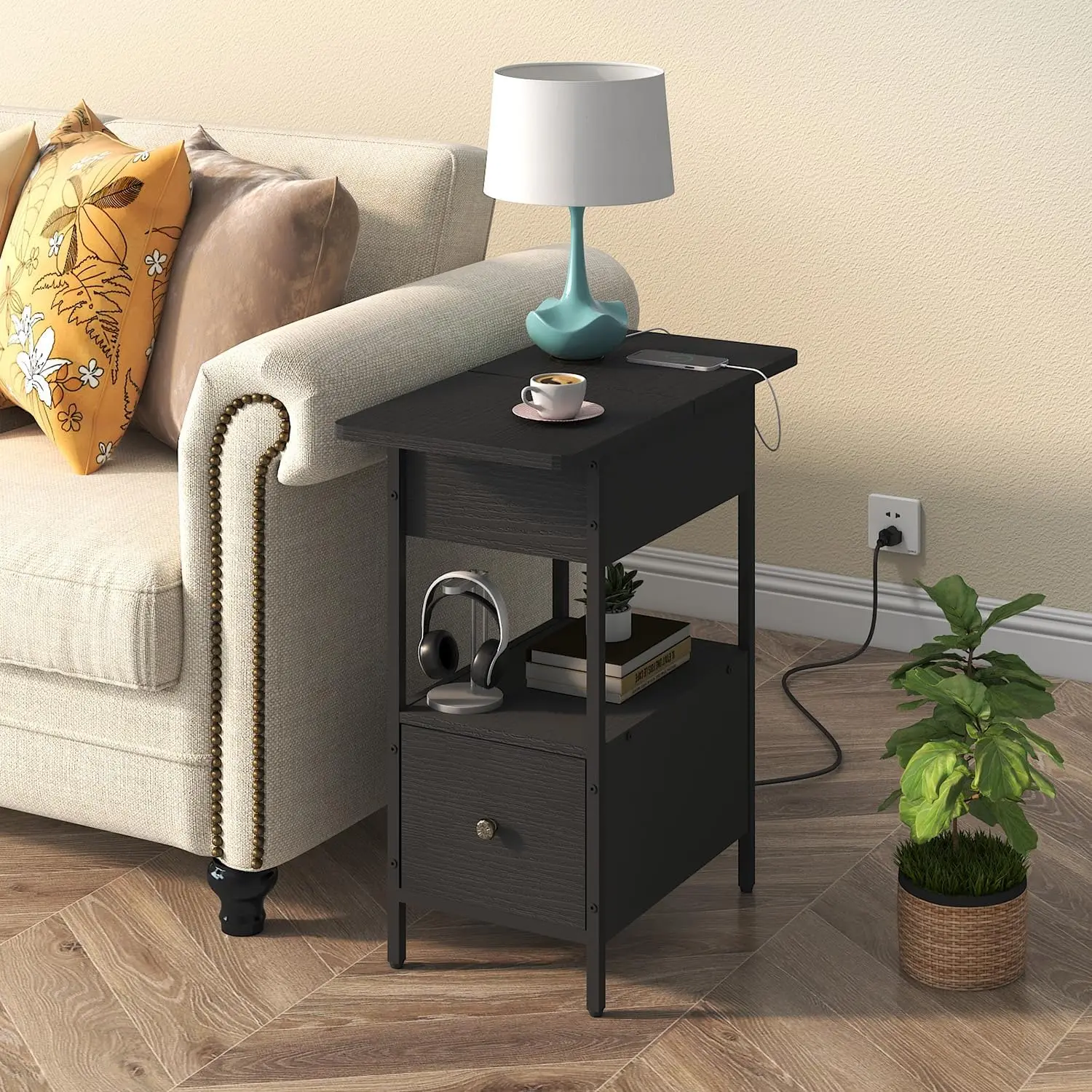 

Umail Furniture Table with Charging Station, Narrow Side Table with Flip Top Cabinet and Fabric Drawer