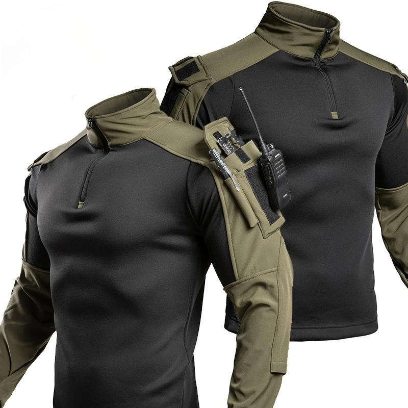 Men's Fleece Lined Tactical Long Sleeve Shirt Half Zip Stand Collar Top Warm Thickened Outdoor Pullover with Arm Storage Pocket