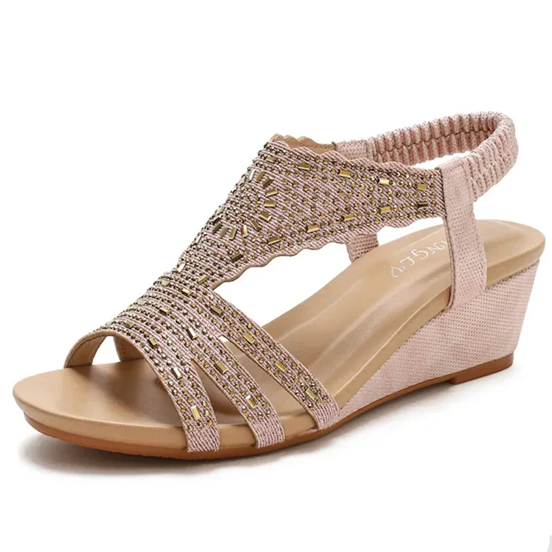 Leather Wedge Sandals Casual Rhinestones Design Women Sandals Summer Best Street Look Female Square Head Open Toe Shoes