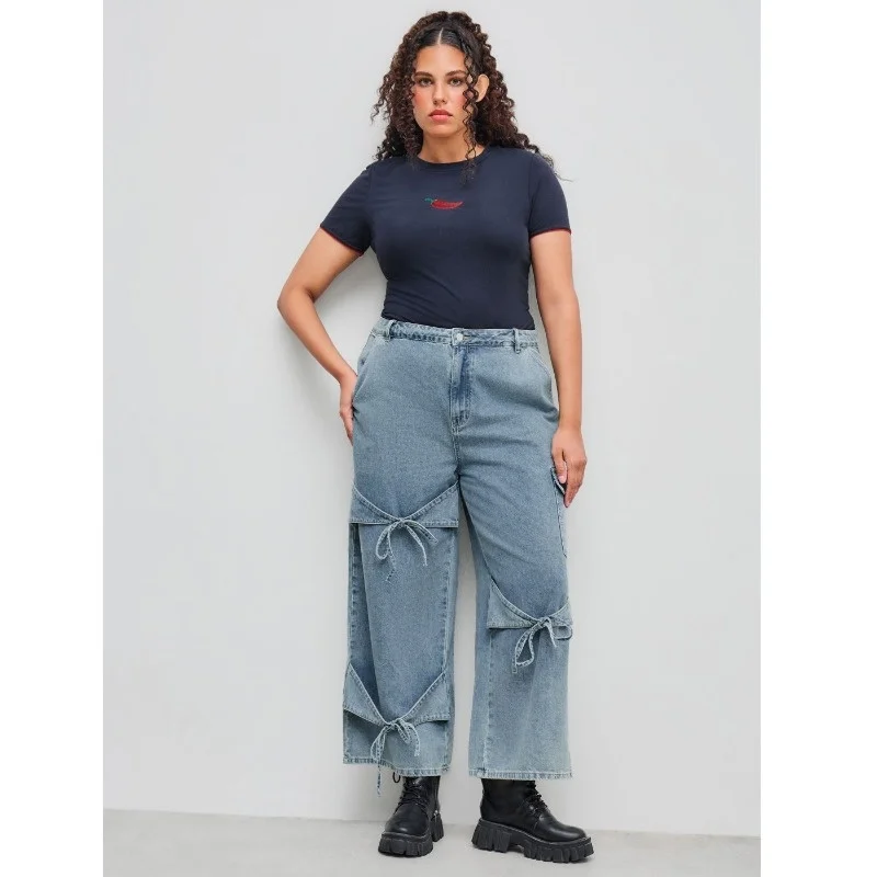 Women's Loose Fit Denim Jeans Elastic Waistband Casual Wide Leg Pants Large Size Versatile Simple Design with Pocket Unique Styl view 6