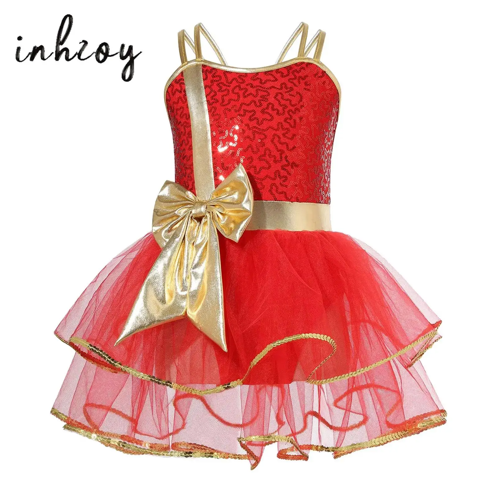 

Kids Girls Sequins Mrs Santa Claus Costume Shiny Christmas Dance Figure Ice Skating Tutu Dress Leotard Performance Dancewear