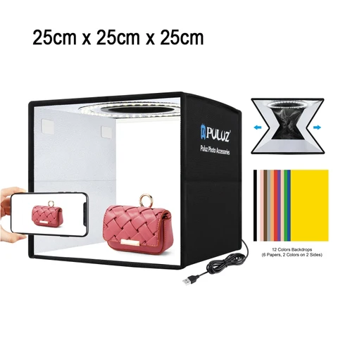 Puluz 25cm dobrável portátil alto 97 cri anel led luz foto iluminação estúdio tiro tenda caixa com 12 cores cenários
