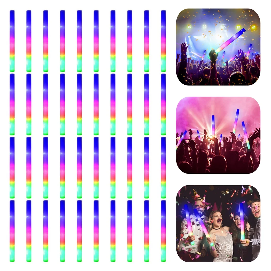 40PCS Led Foam Sticks Foam Glow Sticks With 3 Modes Colorful LED Cheer Tube Dark Flashing Light Birthday Wedding Party Supplies