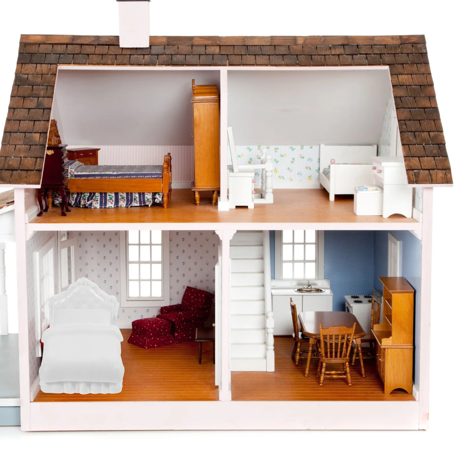 Móveis minúsculos para Dollhouse, Double Toy Room Acessórios, Mini Cama, Miniatura
