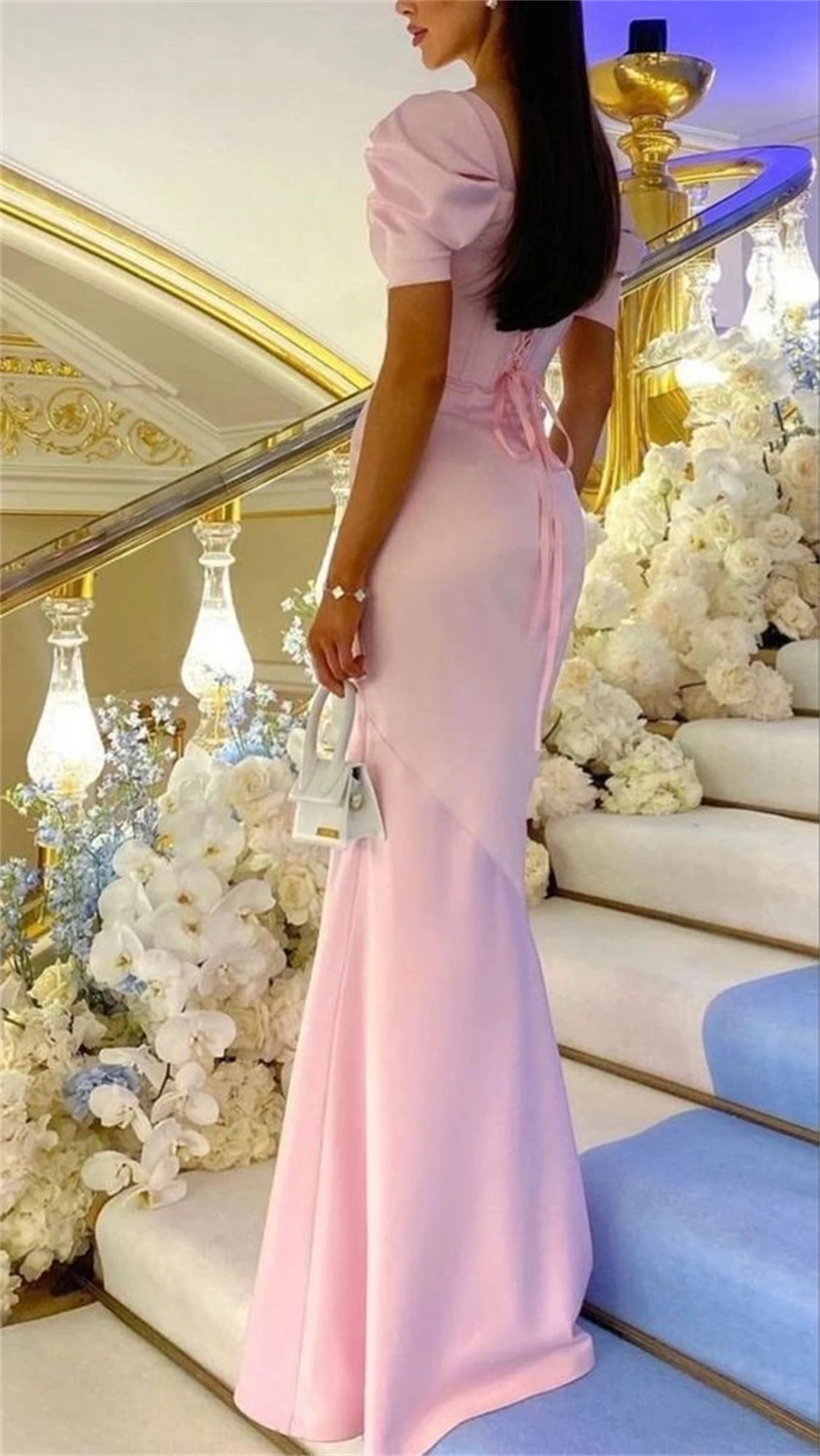 Rosa Hochzeitskleid, Party, Abend, elegant, luxuriös, Promi-Absolvent, Puffärmel, Ballkleider, Grace, maßgeschneidert, Meerjungfrau, Brautjungfer
