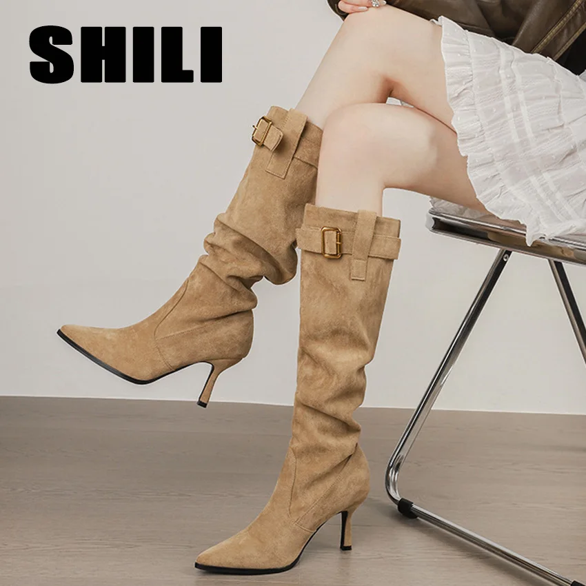 winter-pointed-toe-8cm-thin-high-heel-boots-women-stacked-boots-belt-buckle-boots-thicken-versatile-elegant-party-long-booties
