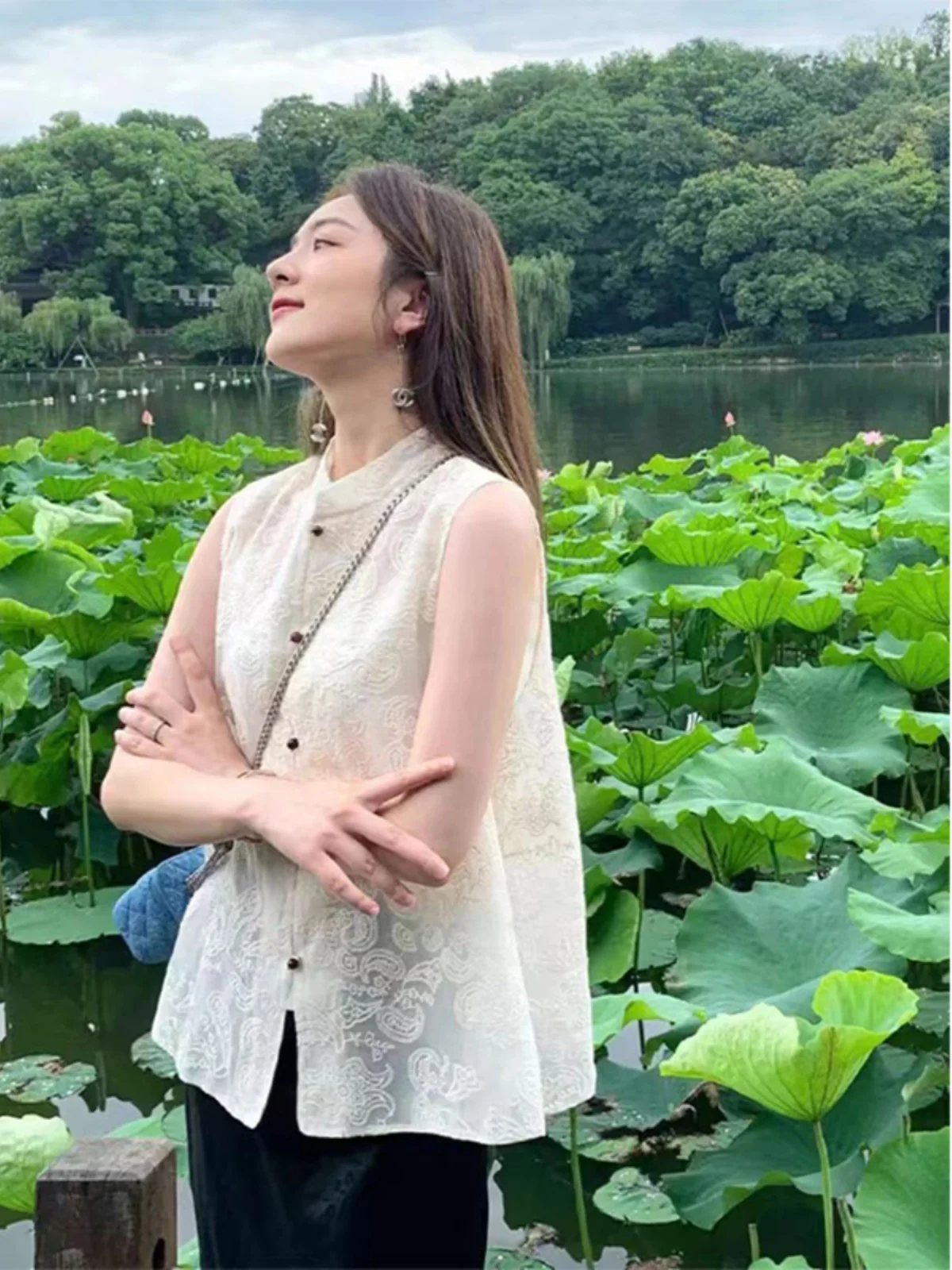 

Ли, китайский жилет без рукавов, топ, женская летняя тонкая верхняя одежда, модный воротник-стойка на пуговицах, чистый цвет