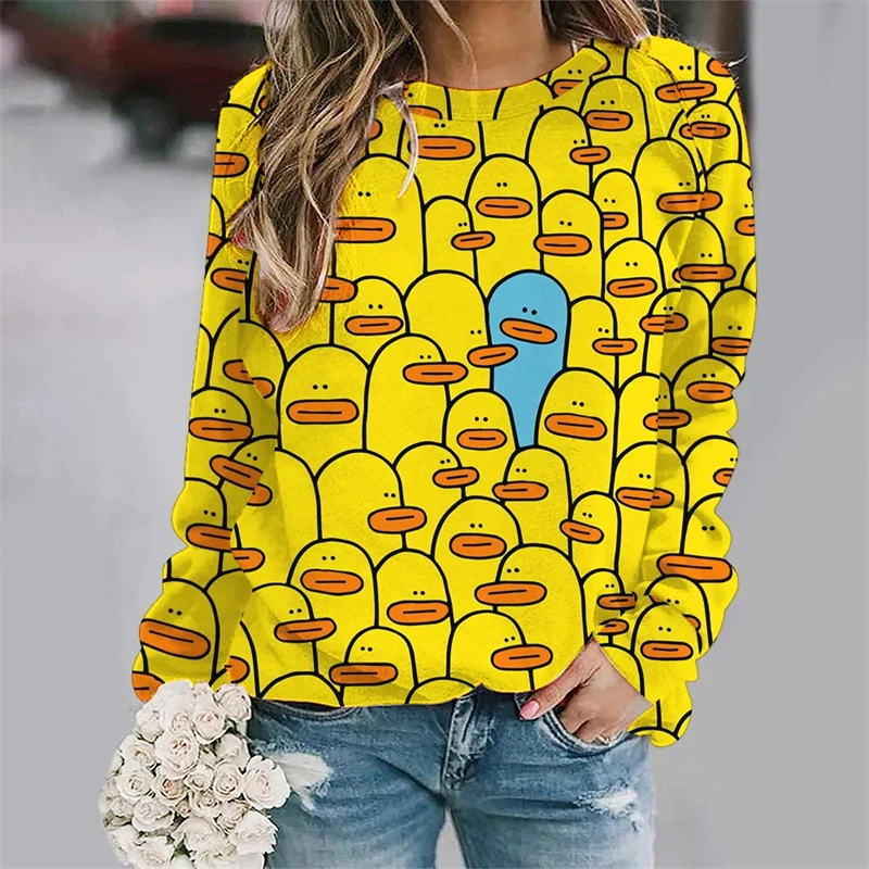 Fun yellow 3D printed sweater for women, crew-neck hoodie, long-sleeved hooded sweatshirt, casual streetwear, stylish