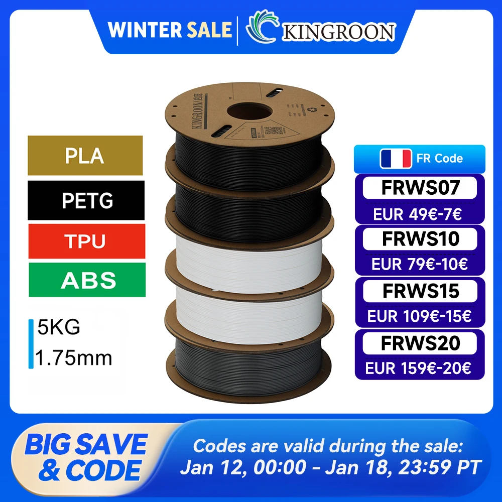 KINGROON – Filament d'imprimante 3D PLA PETG TPU ABS, lot de 5KG, noir, blanc, gris, 1.75mm, sans bulles, plastique, 5 rouleaux de 1kg, bobine aléatoire