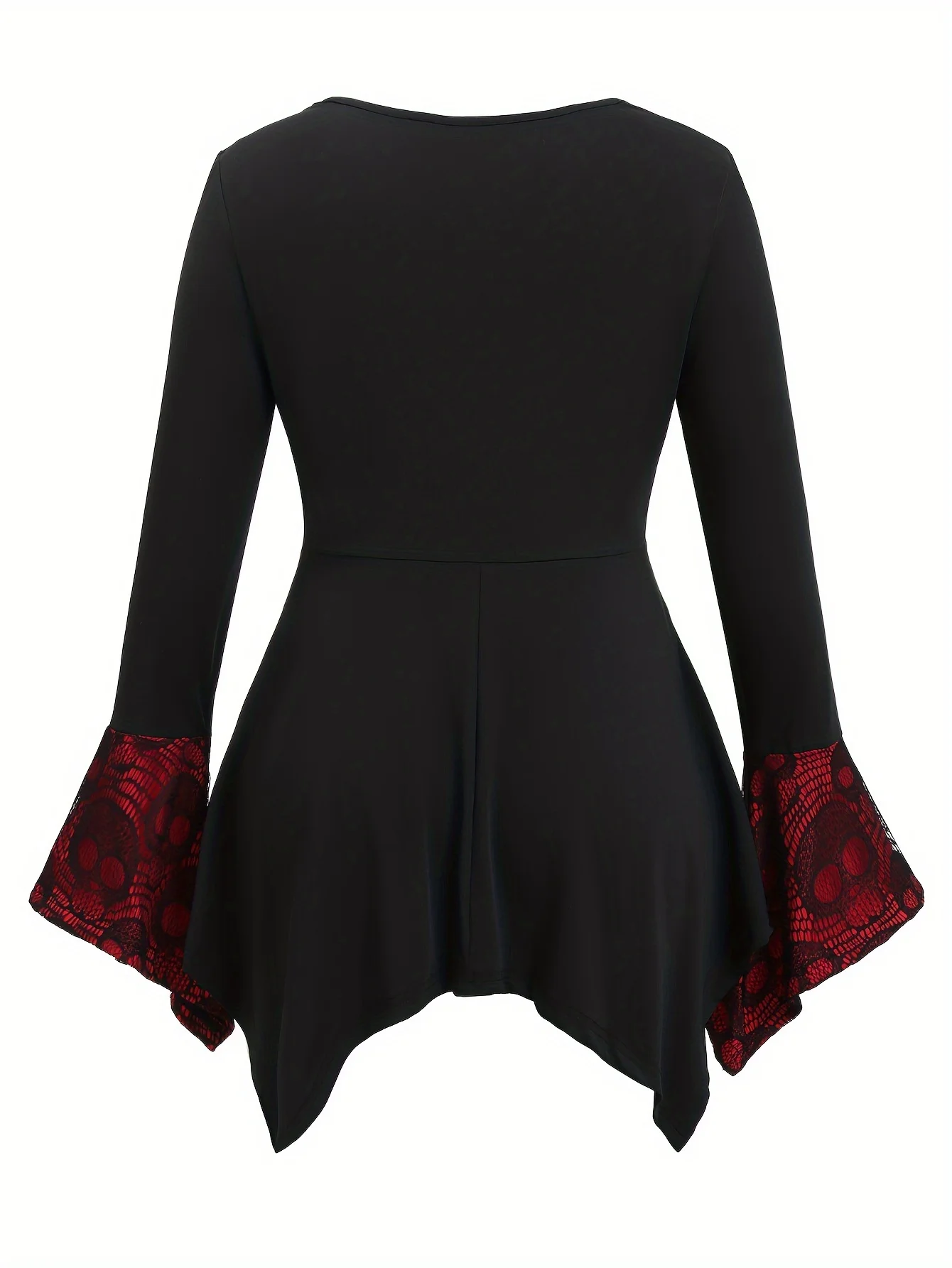European and American fashion women's Halloween selection Gothic flared sleeves skull lace patchwork irregular T-shirt plus-s