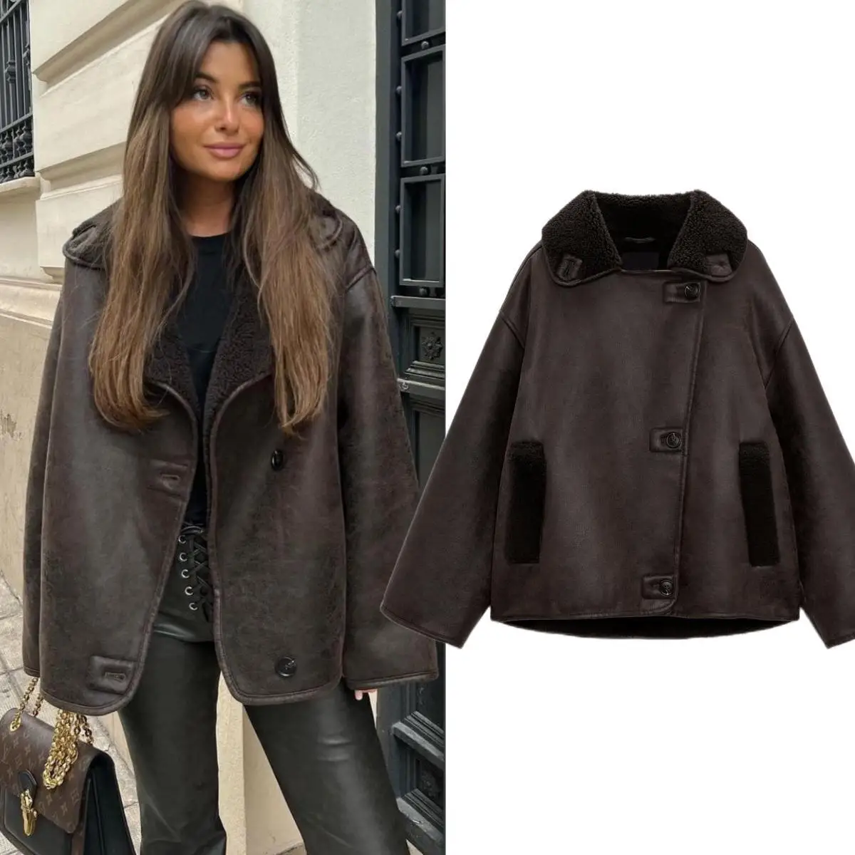Double-Sided Artificial Lamb Fur Collar Leather And Fur Integrated Jacket Autumn Winter New Style 3548242 3548240 Women's Coat
