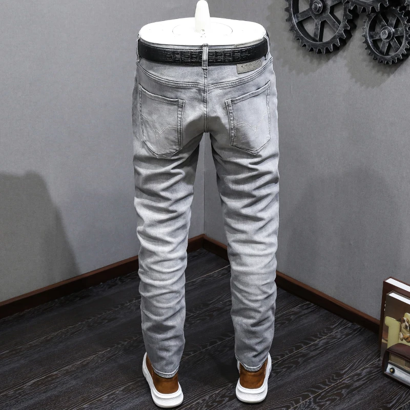 Italian Style Fashion Men Jeans Retro Gray High Quality Stretch Slim Fit Vintage Jeans Men Casual Designer Denim Pants Hombre