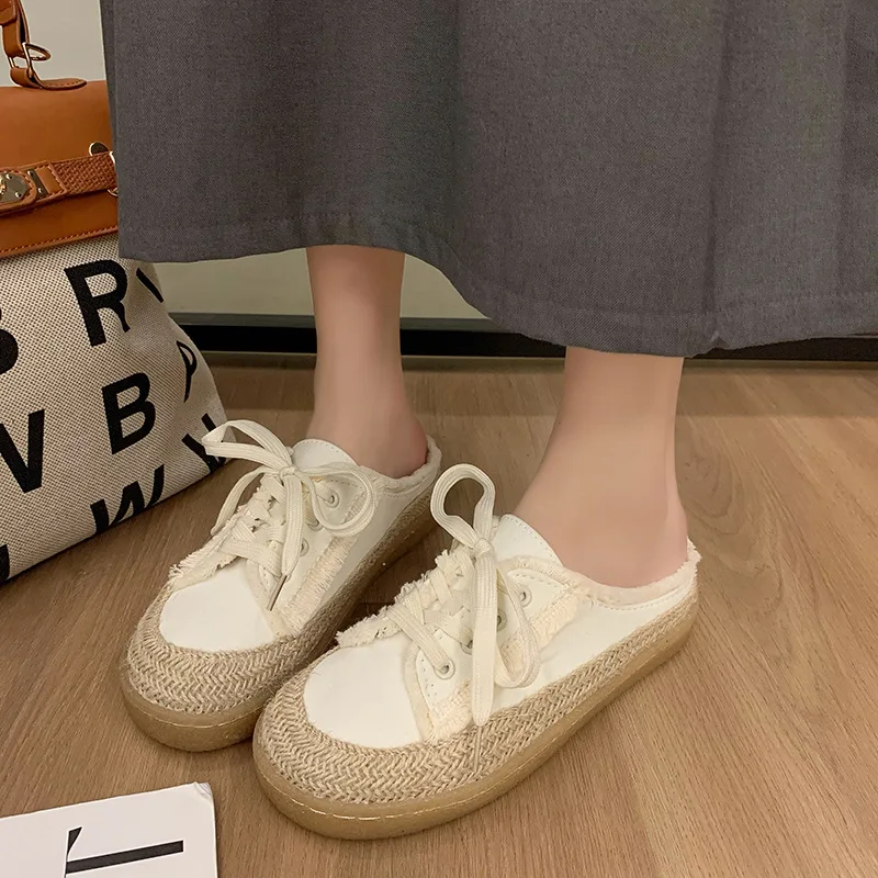 

Fashion Casual Lace Up Canvas Shoes for Women 2025 Autumn New Designer Half Slipper Shoes Female Flat Casual Sneakers Ladies