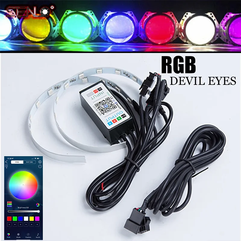 SENLO 2PCS APP Bluetooth Compitable RGB LED Colorful Devil Eyes Demon 360 High Quality Light Retrofit Car Projector MH1 Lens