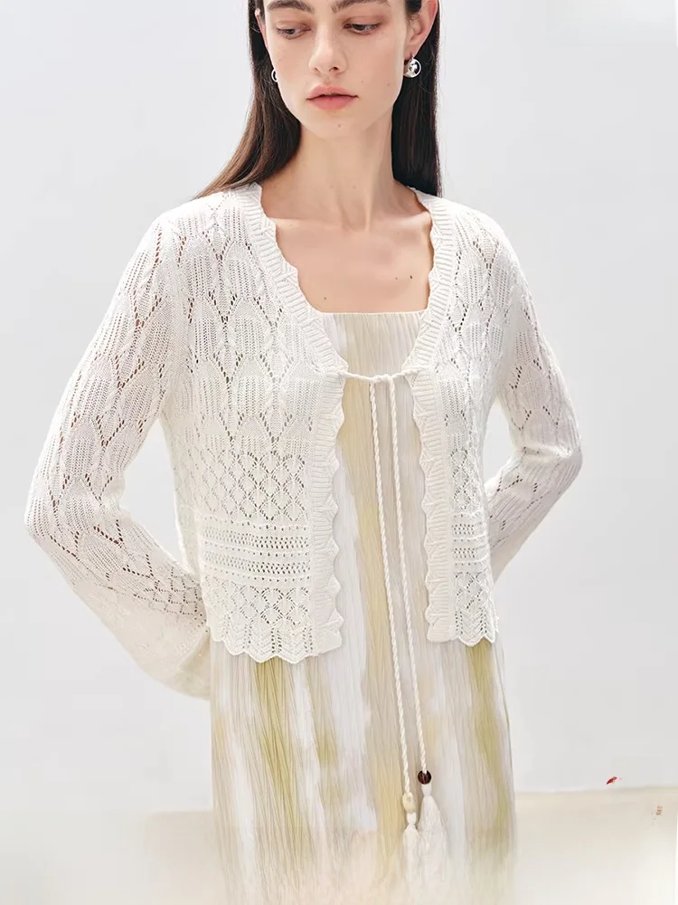 

Белый вязаный ажурный кардиган для женщин, милый, с длинными рукавами, V-образным вырезом, принтом и поясом из искусственного меха