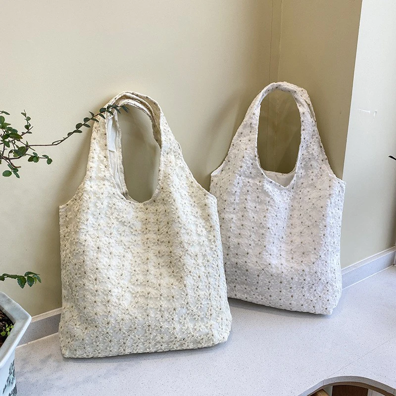 

Korean Niche Ladies Embroidered Canvas Bag Large Capacity Cherry Blossom Mesh Handbag High Quality Fashion Women's Shoulder Bag