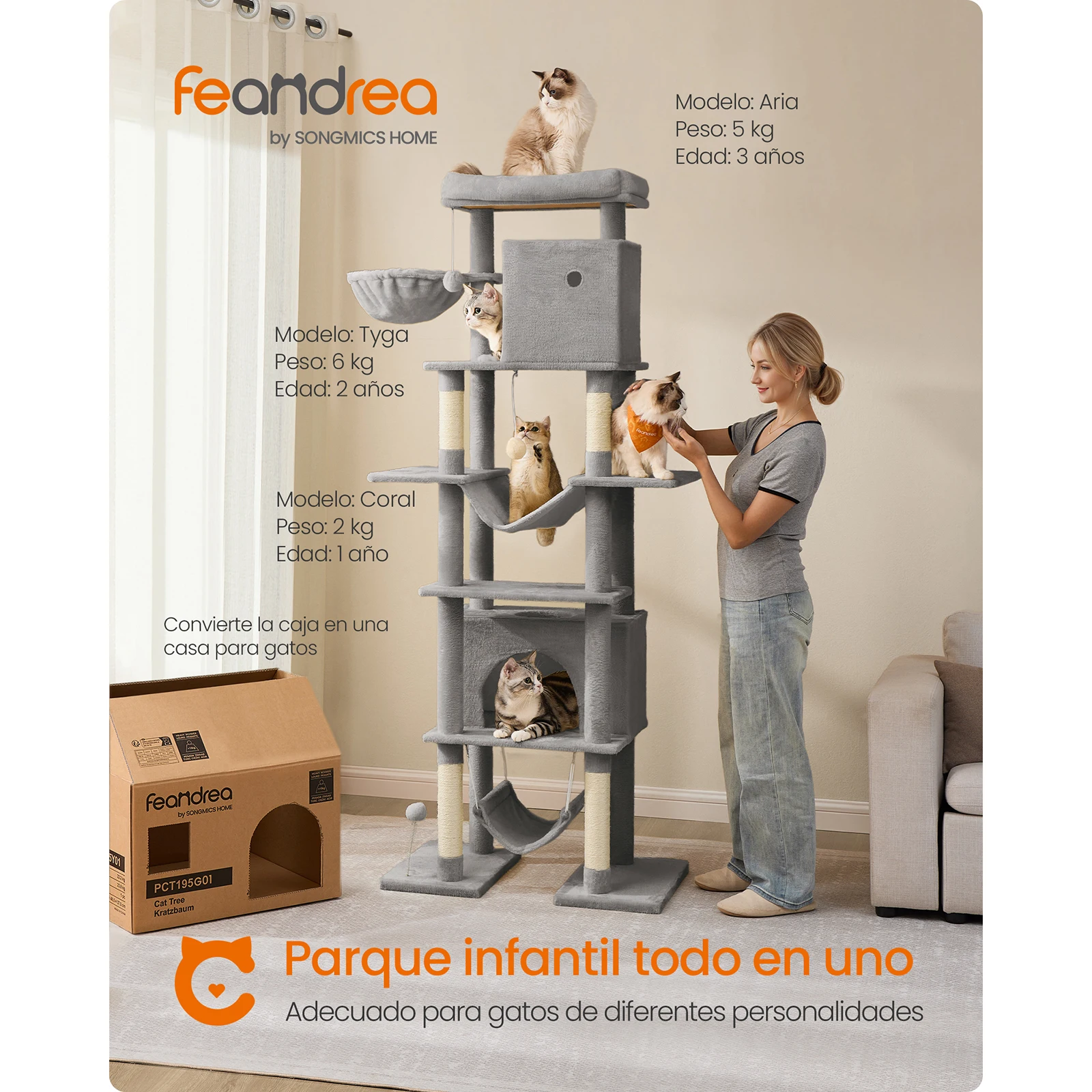 Feandrea 201cm Tall Cat Tree: XXL tower for indoor cats, 4 posts, 2 hammocks, perch, 2 caves, Anti-Tip Kit