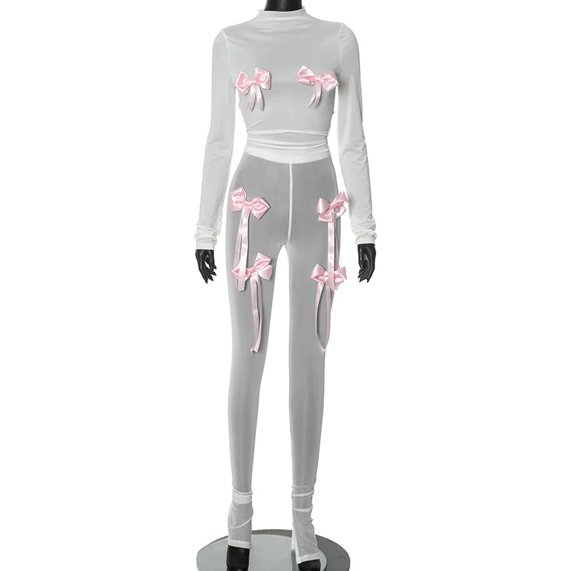 BKLD Women Clothing Summer New Fashion Bow Decoration Long Sleeve Tops Mesh Long Pants Casual Two Piece Sets Sexy Night Clubwear