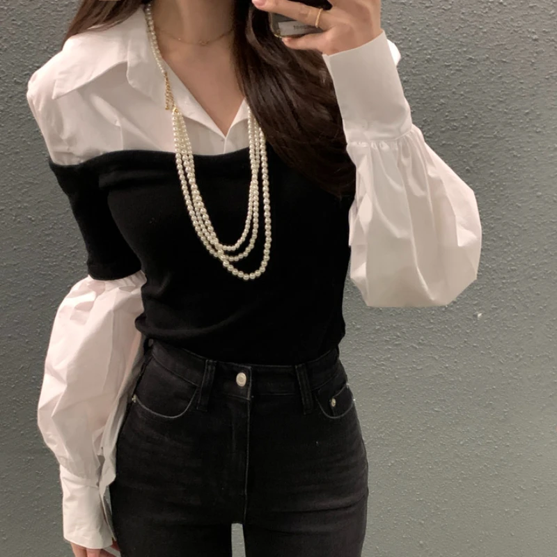 

Korean Contrast Color Patchwork Loose Long-sleeved Shirt Women 2024 Autumn New Fake Two Pieces Polo Collar Buttons Casual Blouse