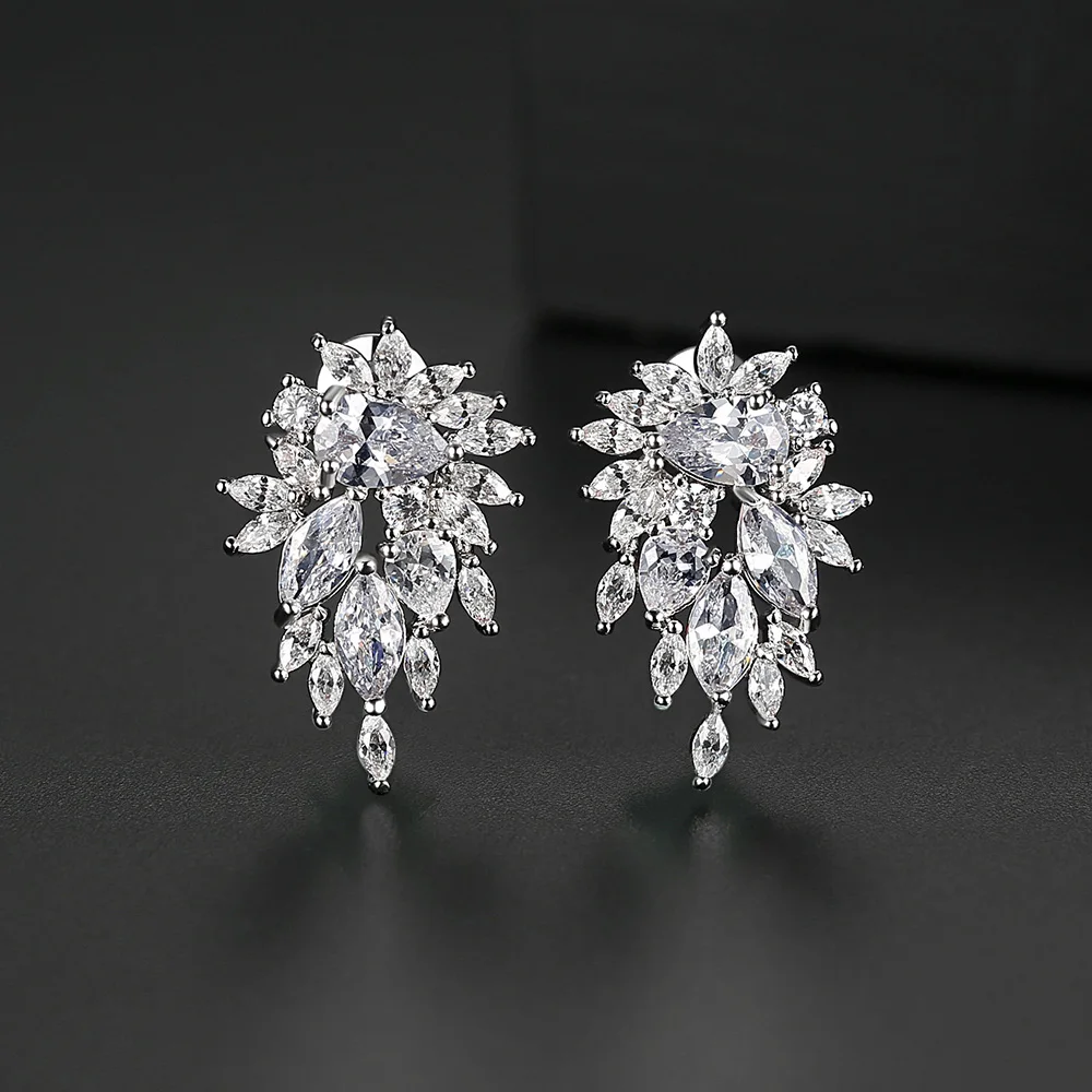 LUOTEEMI Cubic Zirconia Flower Stud Earrings Trendy Water Drop CZ Women Bridal Wedding Ear Studs 2022 Korean Style For Girl Gift