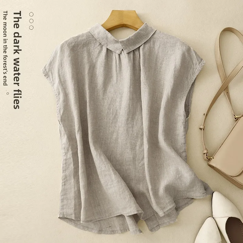 

Women's Summer Short Sleeve Cotton Linen Loose Shirt Doll Collar Vintage Artistic Top Breathable Comfortable Half High Collar