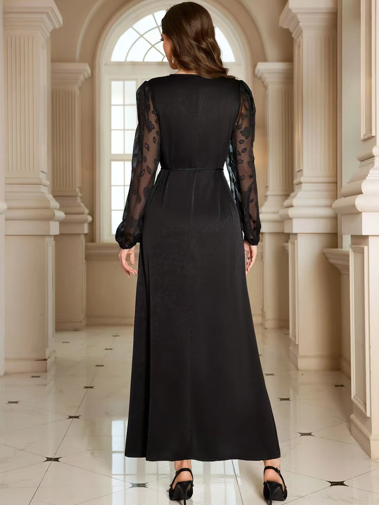 Ele Faion Satin fendu Dr avec moi Sve Patchwork taille haute longue lanterne Sve jupe trapèze robe de soirée