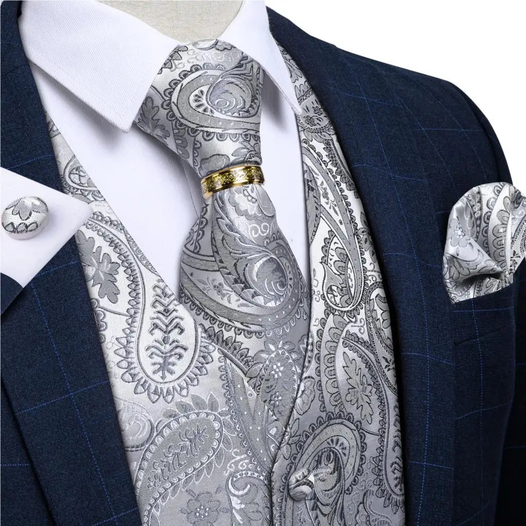 Silver Paisley Suit Vest For Men Wedding Tuxedo Silk Waistcoat Neck Tie Pocket Square Cufflinks Set Men\'s Clothing Blazer Vest