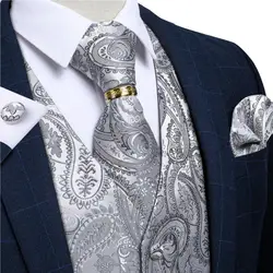 Chaleco de traje de Cachemira plateado para hombres, esmoquin de boda, chaleco de seda, corbata de cuello, bolsillo, gemelos cuadrados, conjunto de ropa para hombres, chaleco de Blazer