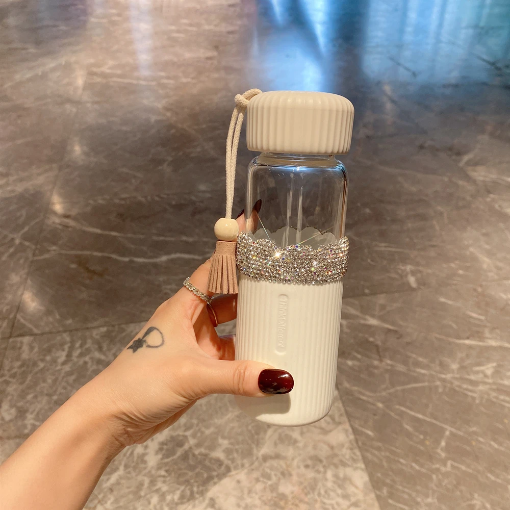 

350ml Portable Glass Water Cup Rhinestones With Carry Rope Cute Drinking Bottle Coffee Milk Soy Milk Cupfor for Woman Children