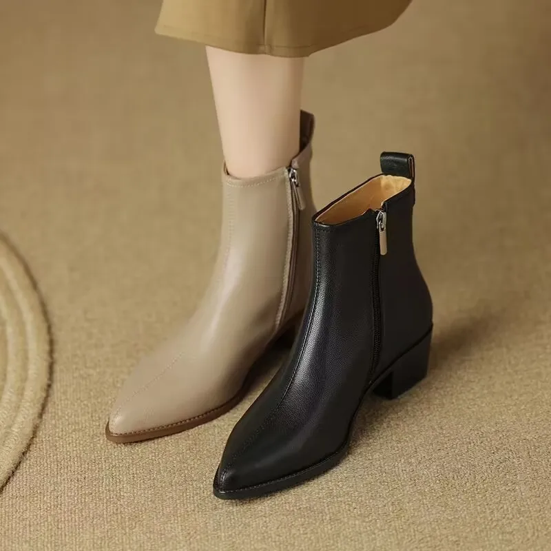 Black Genuine Leather Women Ankle Boots Side Zipper Decor Flats Chelsea Botas Mujer Vintage Brown Autumn Knight Botines Femmes