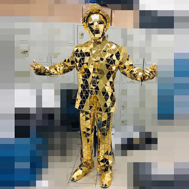 Abito da spettacolo teatrale da uomo con specchio cucito a mano, maschera di vetro di Halloween, costume da spettacolo di danza moderna