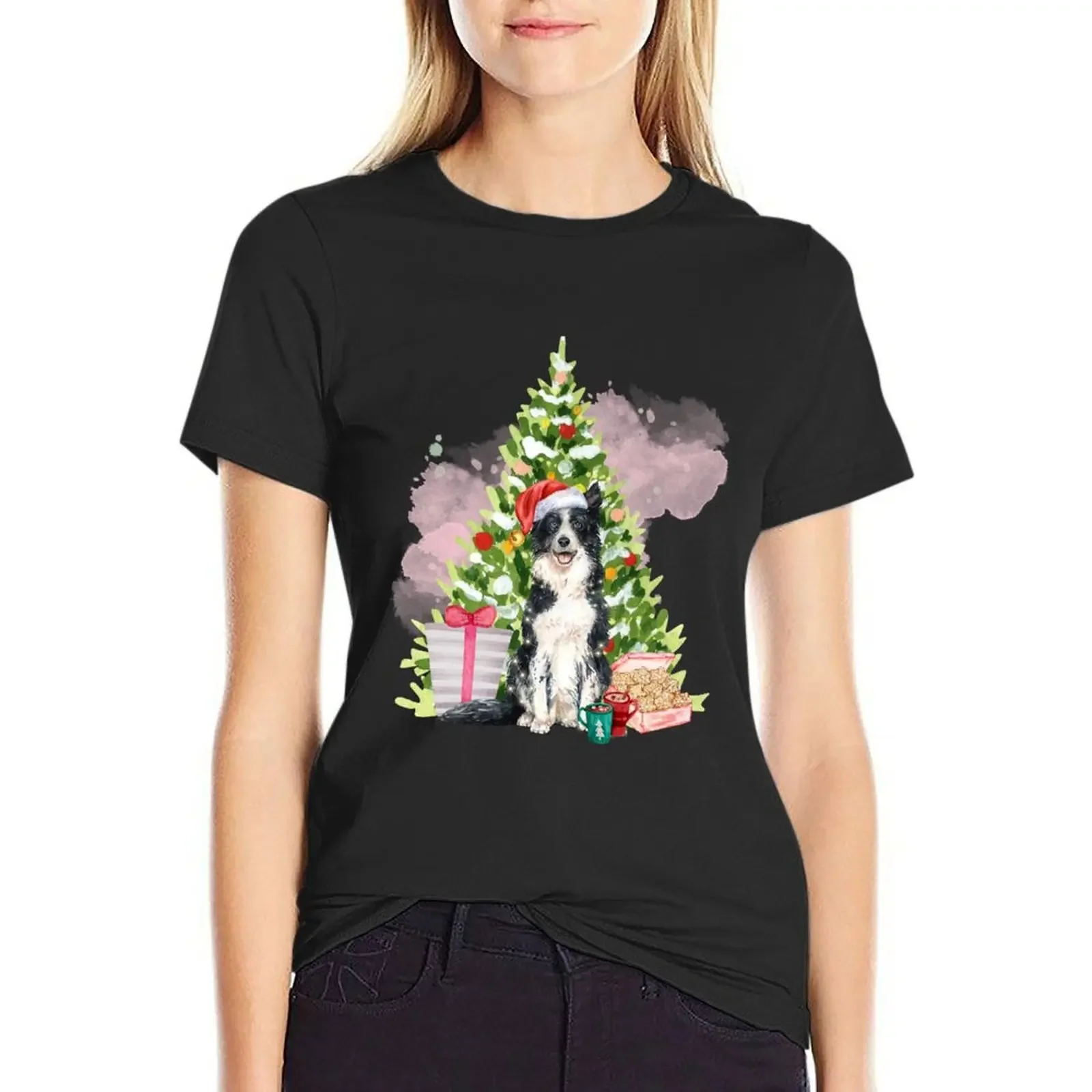 

Border Collie Christmas: Border Collie With Christmas Tree And Gifts T-Shirt kawaii clothes vintage cute tops womans clothing