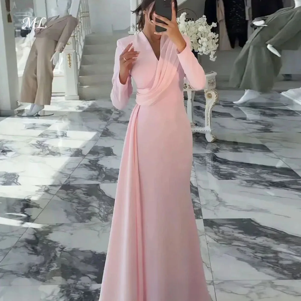 

Розовое вечернее платье ML в саудовском стиле для женщин, с V-образным вырезом, длинными рукавами, для выпускного вечера, на заказ, элегантное, для гостей на свадьбу, 2026