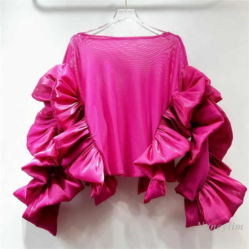 New Large Ruffles Blouse Women European and American Temperament Round Neck Ruffle Edge Loose Long-sleeved Shirt Irregular Top