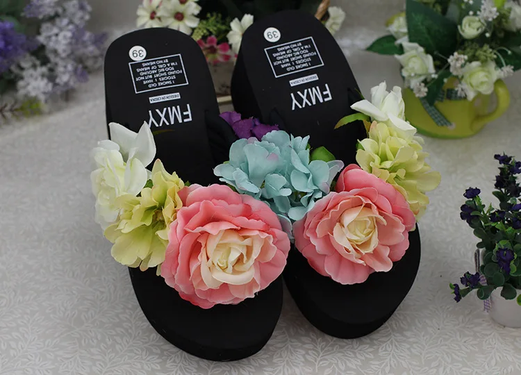 Handmade Slippers For Women Summer Flip Flop Flowers Decoration Female Indoor 6cm High Heel Bohemia Beach Sandal Slippers