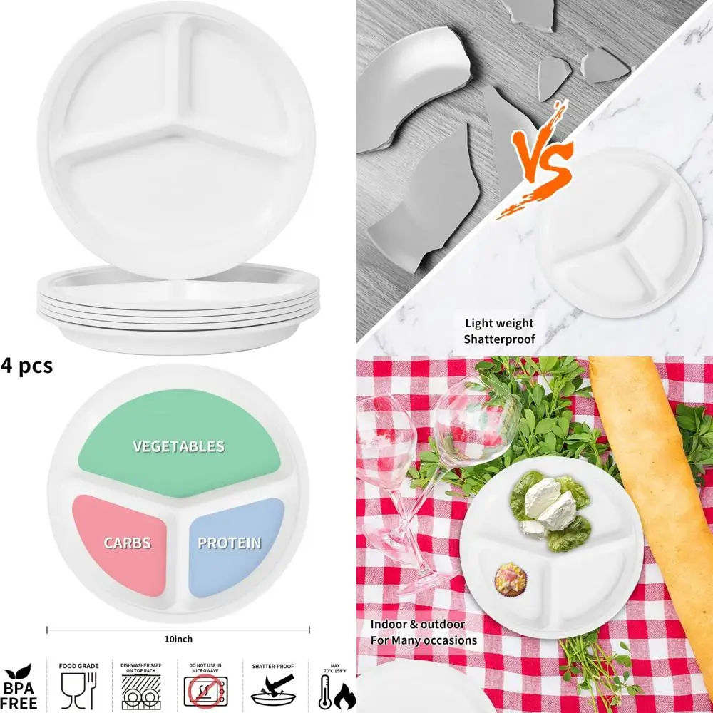 

10-дюймовые разделенные меламиновые тарелки, набор из 4 предметов, панель управления порцией, многоразовая баратральная тарелка, тарелки с 3 отделениями, белая обеденная пластина