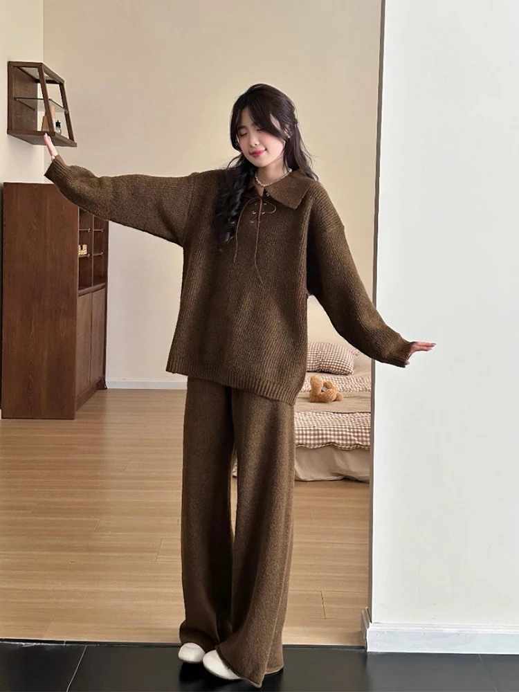 

Chic Autumn Winter Knitted Sweater High Waist Long Pants Women's Faion Set Soft Ne Cross Belted Long Sve Knitwear