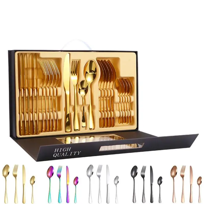 24PCS Gift-Pack Cutlery Tableware Set Black Golden Spoon Fork Dinnerware Kitchen Gadget Sets Stainless Steel Portable Utensils