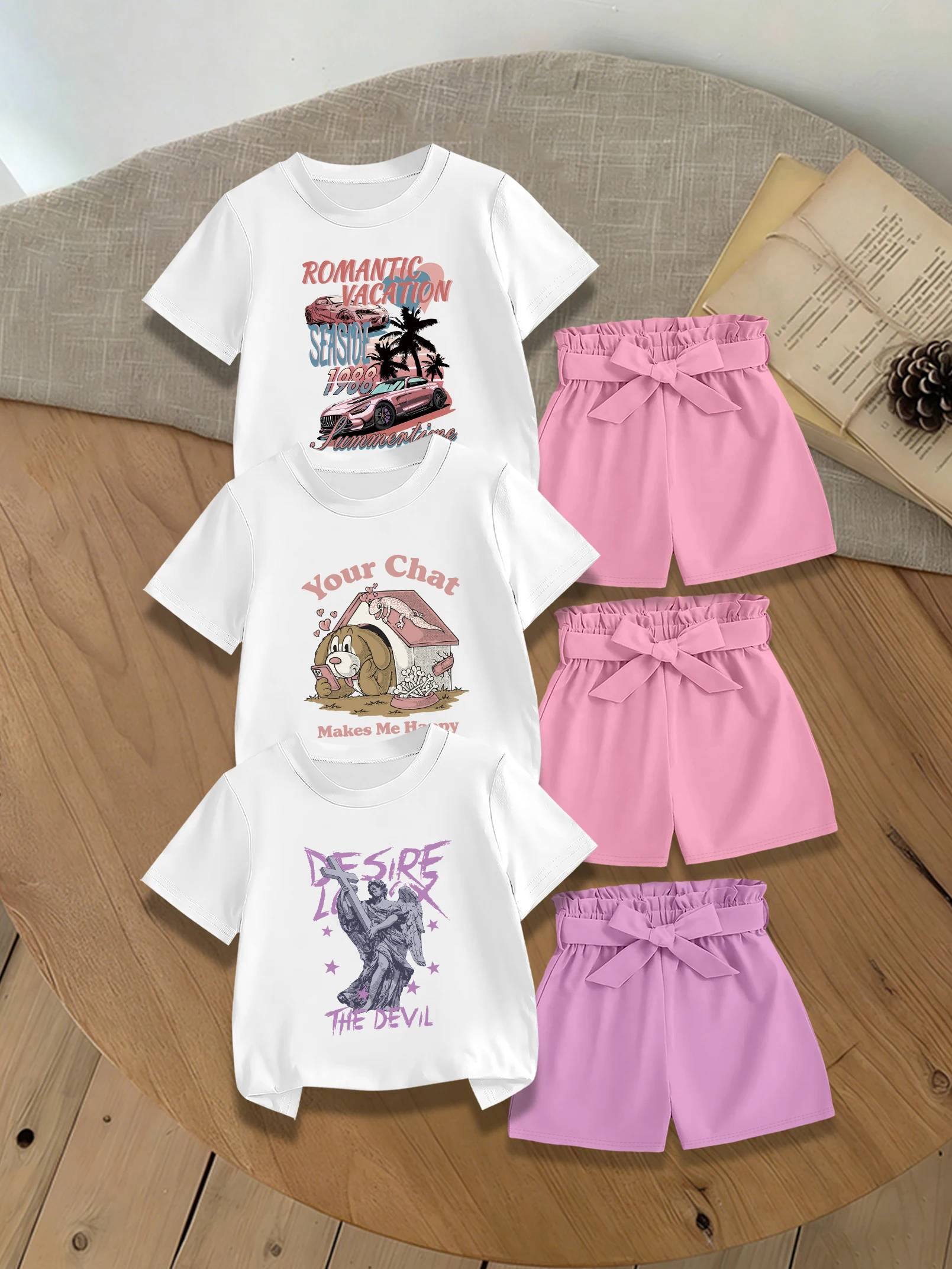 

Комплект из 6 предметов: летняя футболка и шорты для девочек, комплект с мультяшным принтом Купидона, Синаморолла, спортивного автомобиля, милым бантом и декоративными элементами.