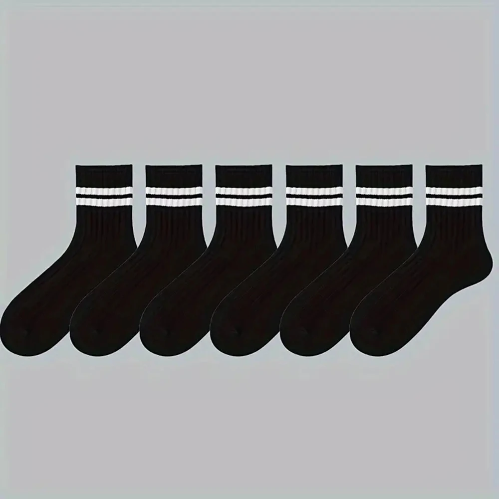 6 Pairs Men Medium Length Socks Simple Versatile Casual Black White Striped Breathable High-Quality Casual Round Neck Socks