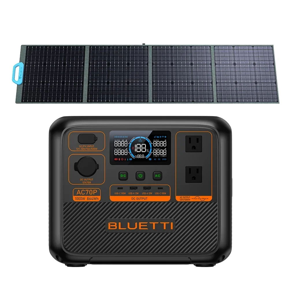 Bluetti AC70P 864Wh/1000W Lithium Battery With PV200 Solar Panel Portable Solar Power Station Home Battery Storage Generator